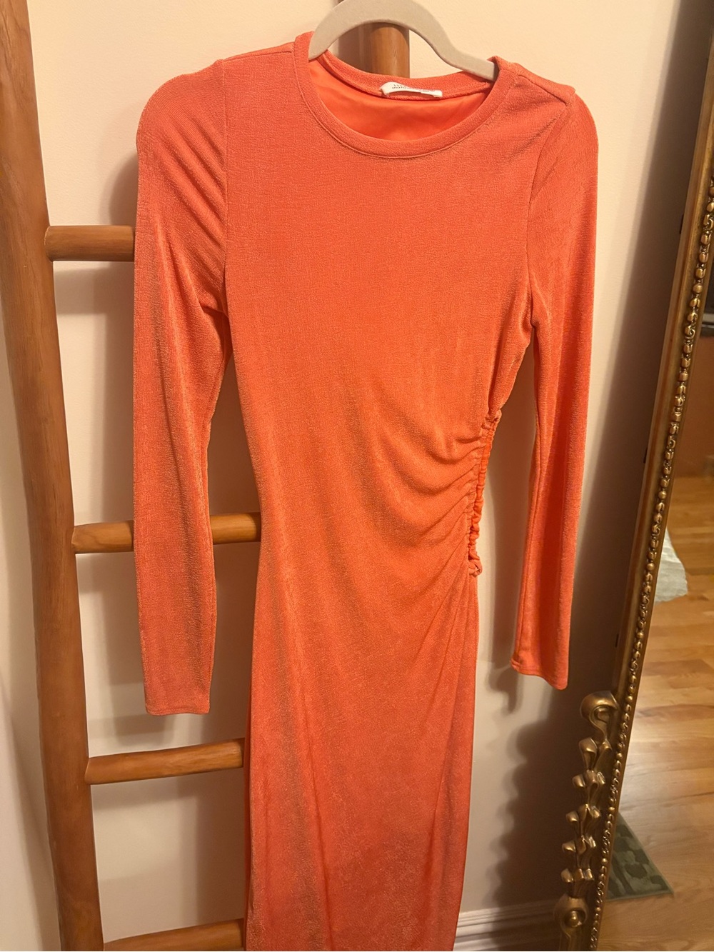 12th Tribe Orange Long Sleeve Ruched Midi Dress